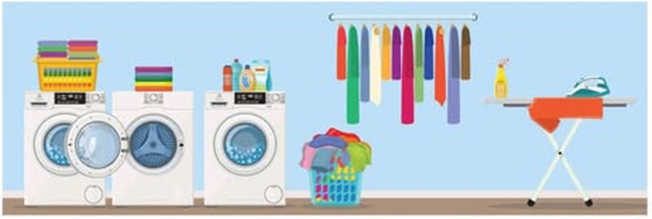 Illustration of washing machines, a rail of clean clothes and an ironing board